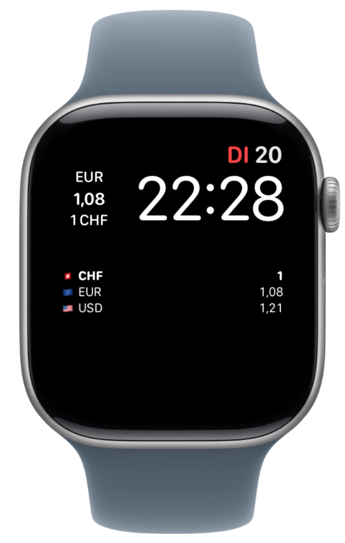 Currency-Komplikationen auf einem nativen Apple Watch-Zifferblatt