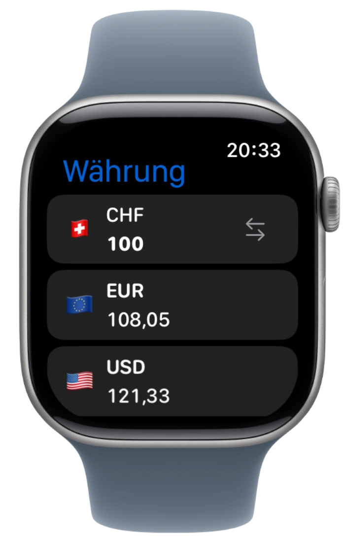 Währungsrechner im freigegebenen Apple Watch-Geräterahmen