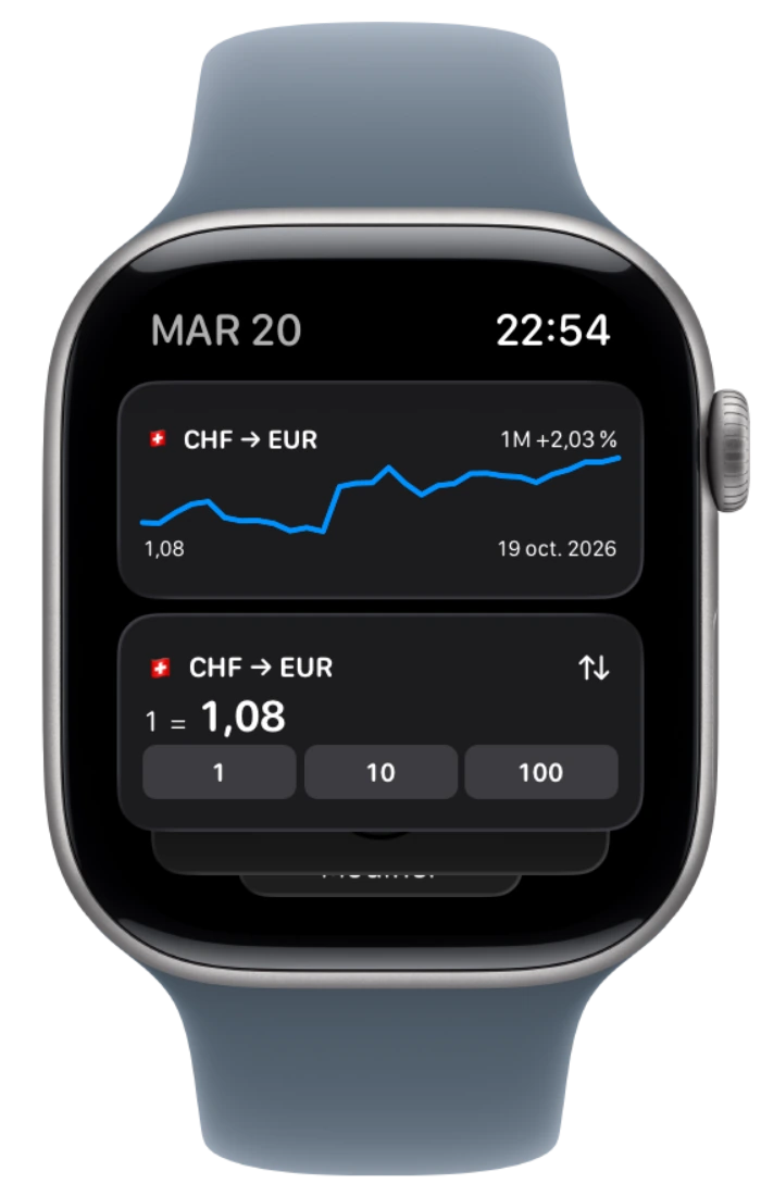 Widgets Currency dans le Défilement intelligent natif de l’Apple Watch