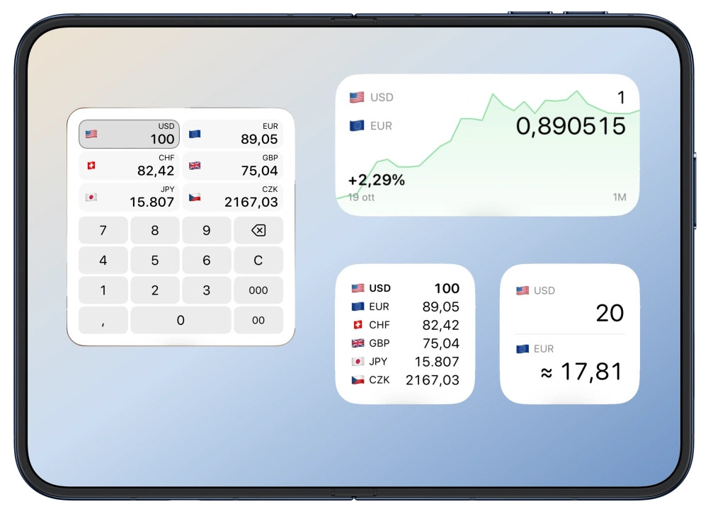 Composizione della schermata Home di Duo con i widget Calcolatrice, Cronologia, Tabellone valute e Cambio tascabile