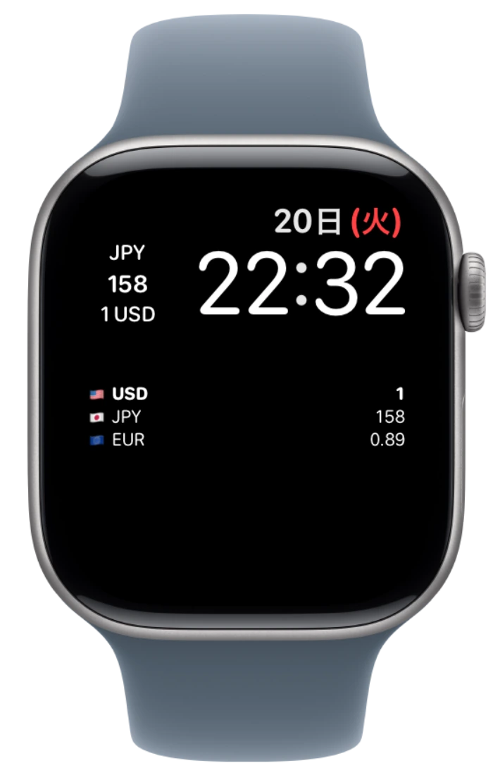 Apple Watchの標準文字盤に表示されたCurrencyのコンプリケーション