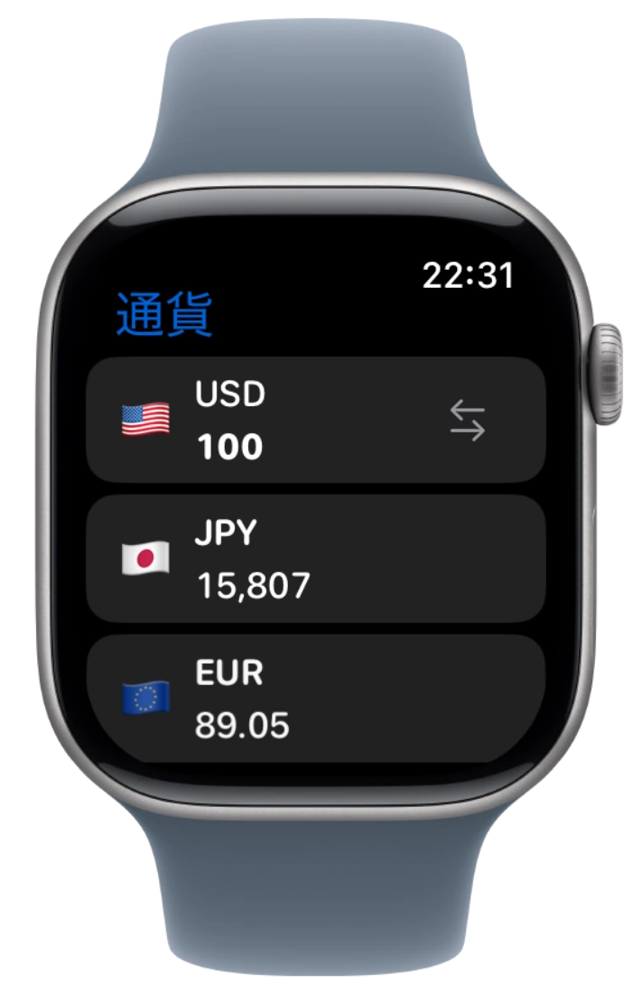 Apple承認のApple Watchデバイスフレーム内に表示された通貨換算画面