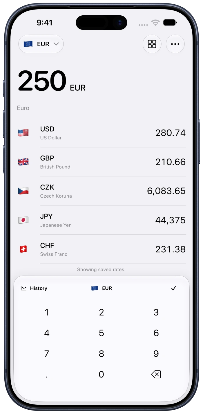 Currency converter displaying saved rates offline
