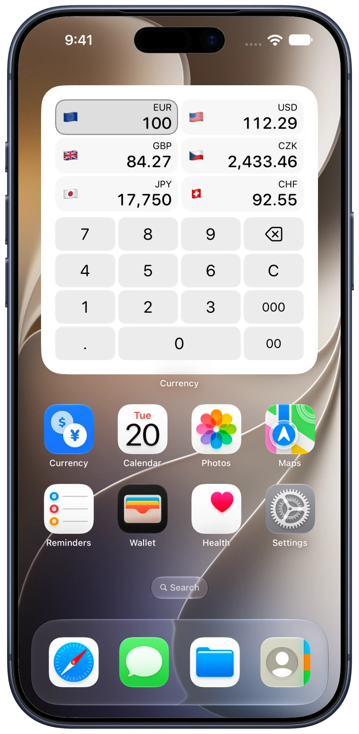 Currency Calculator widget on an iPhone in the approved Apple device frame