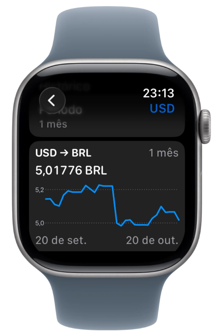 Gráfico nativo do histórico de taxas no Apple Watch com a moldura aprovada