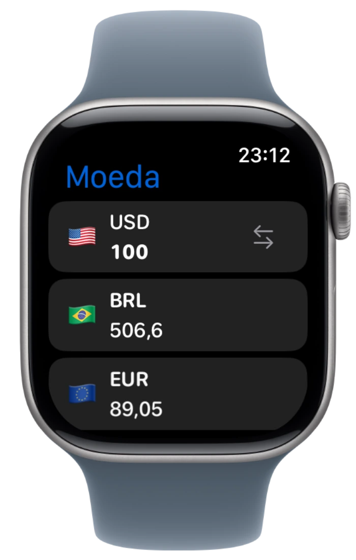 Conversor de moedas na moldura de dispositivo Apple Watch aprovada