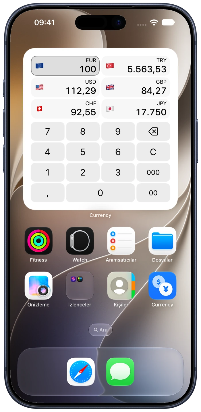 Apple onaylı cihaz çerçevesindeki bir iPhone'da Currency Para Birimi Hesaplayıcı widget'ı
