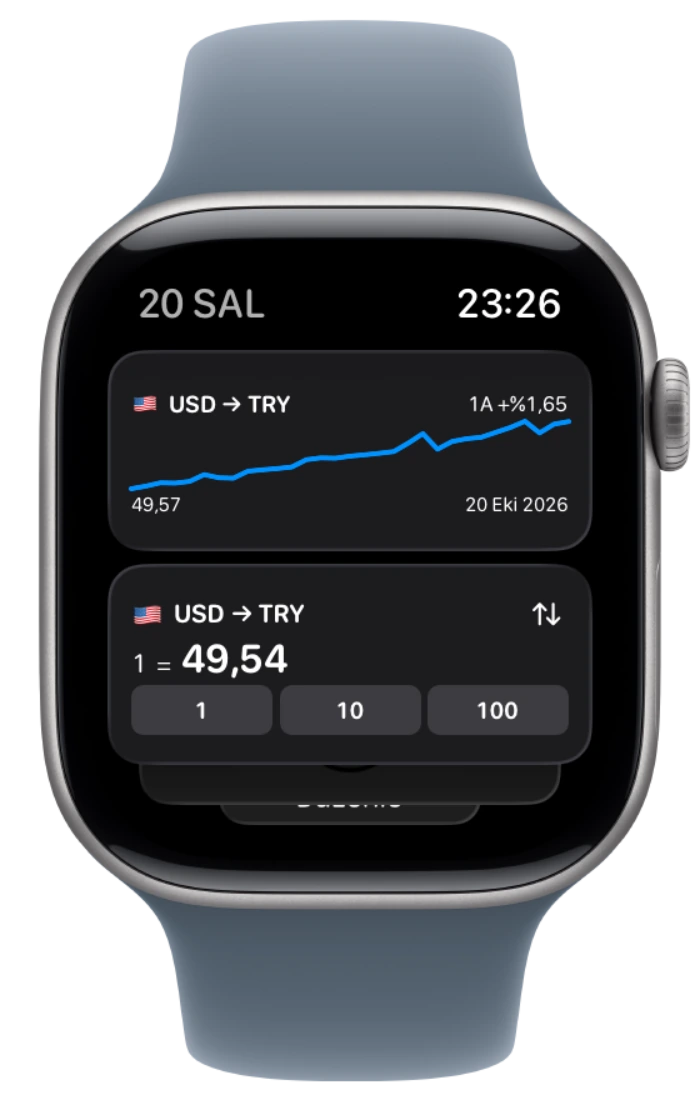 Apple Watch'un yerel Akıllı Gruplama özelliğindeki Currency widget'ları