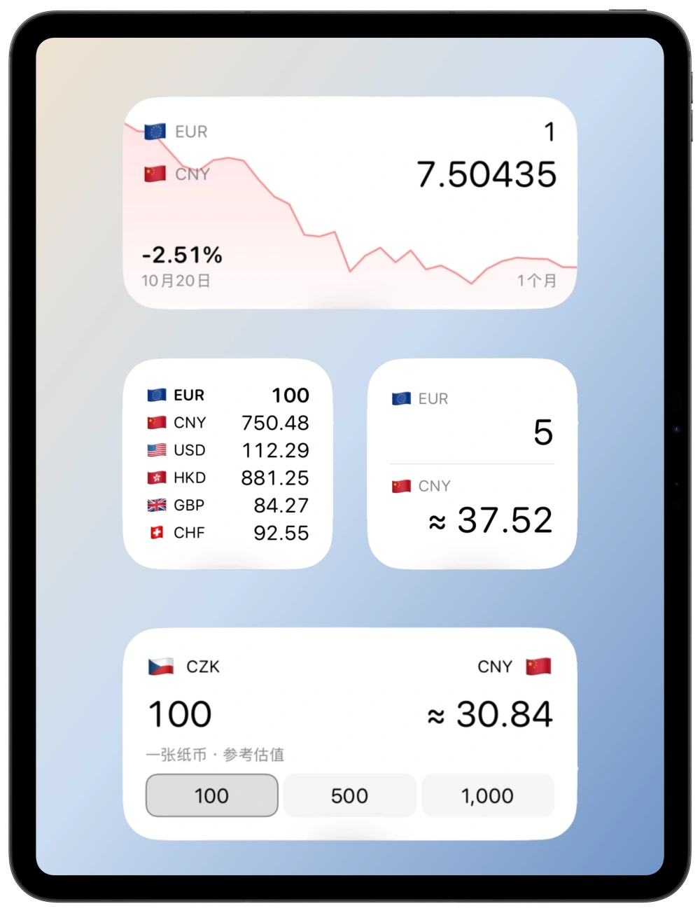 iPad 主屏幕上排列的 Currency 历史、货币看板、口袋汇率和现金价值小组件