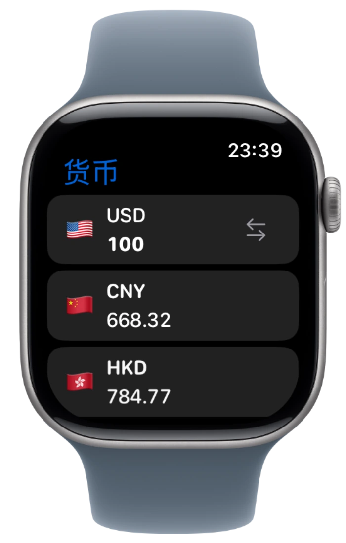 Apple 官方认可的 Apple Watch 设备边框内显示的货币换算界面