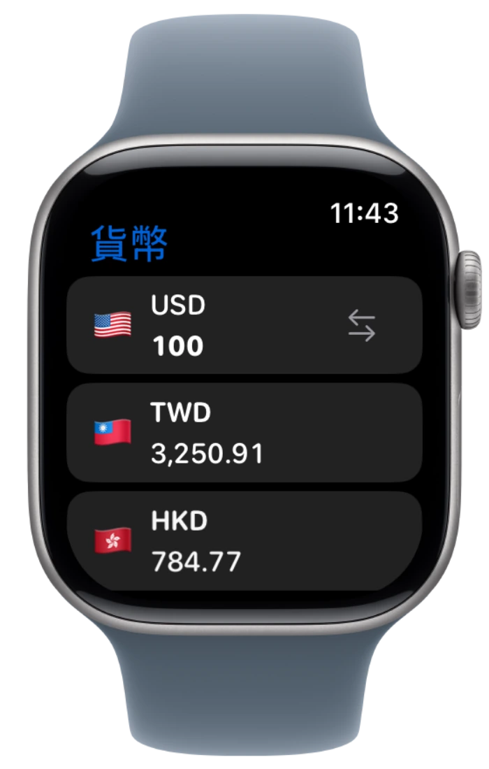 Apple 官方認可的 Apple Watch 裝置邊框內顯示的貨幣換算介面